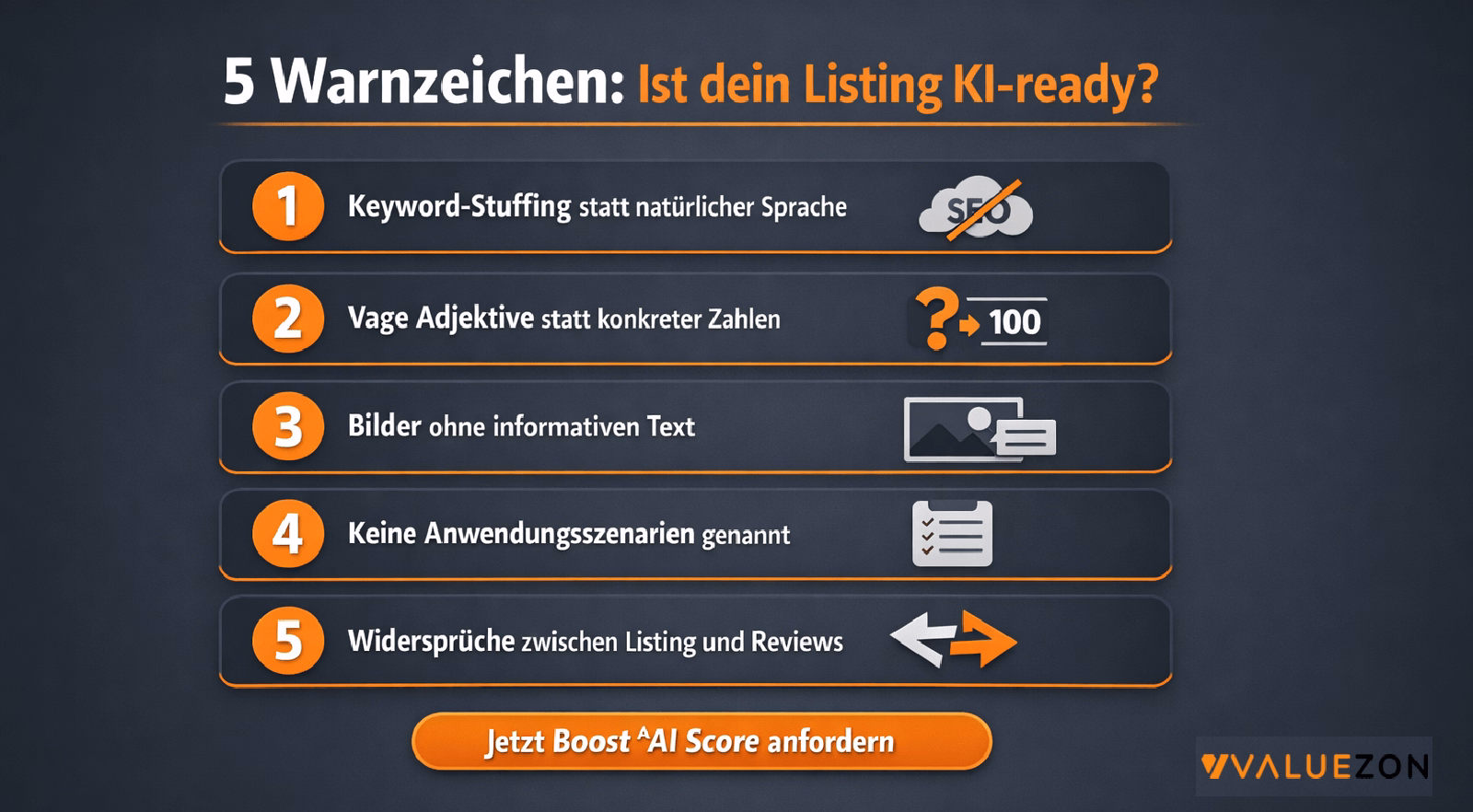 Grafik über 5 Warnzeichen, ob ein Listing KI-ready ist