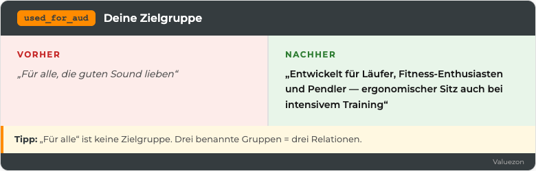 Before/After used_for_aud: Explicit target audience instead of 'for everyone'