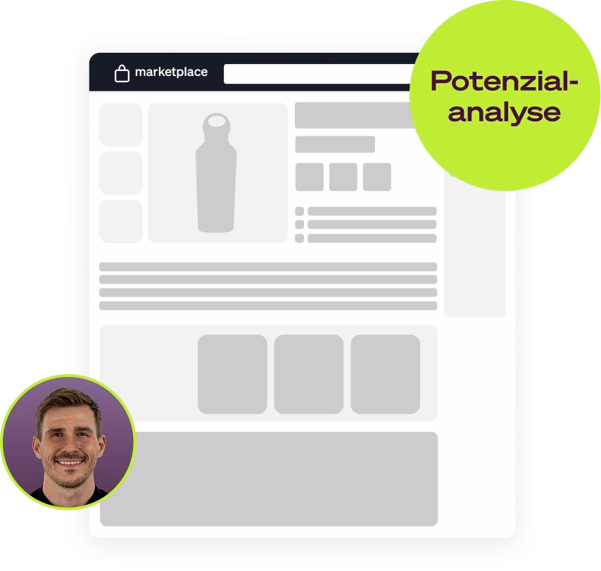 Stilisierte Produktseite eines Marktplatzes mit Badge „Potenzialanalyse“